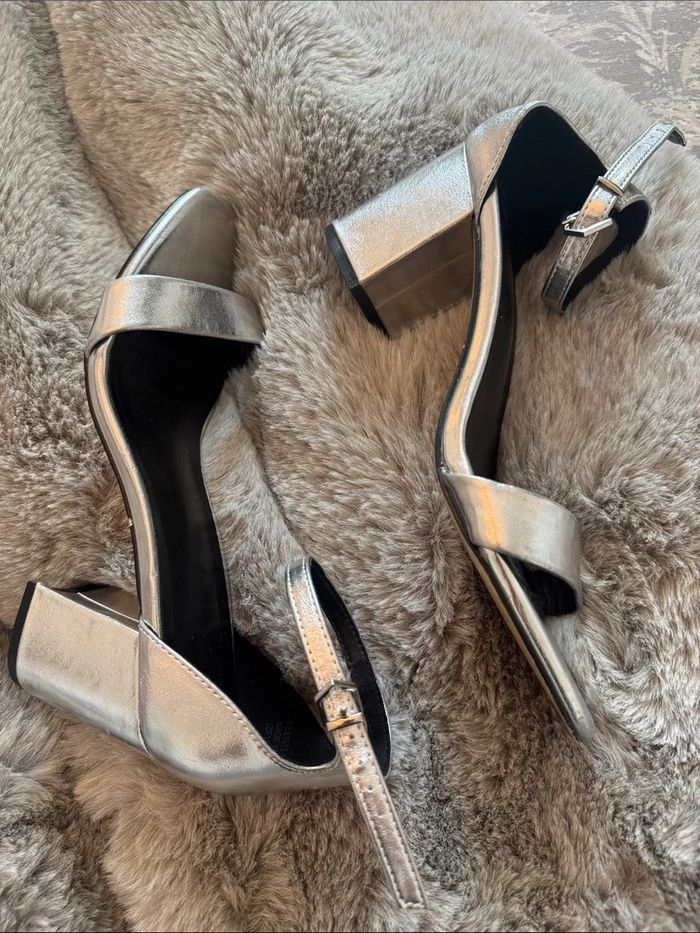 Metallic Silver Block Heel Sandals with Ankle Strap